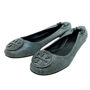 TORY BURCH~Gray Reva Logo~BALLET FLATS~ LEATHER SHOES in GRAY EEL~ SIZE 8.5M